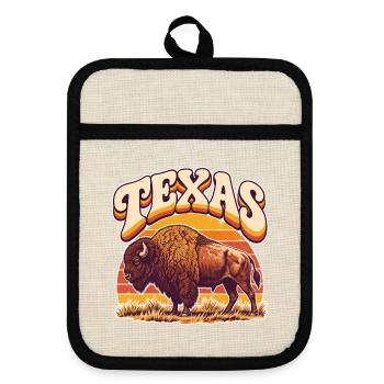 Texas-Bison im Retro Sonnenuntergang - Topflappen mit Gummirückseite - Leinen/Schwarz  - Vorne