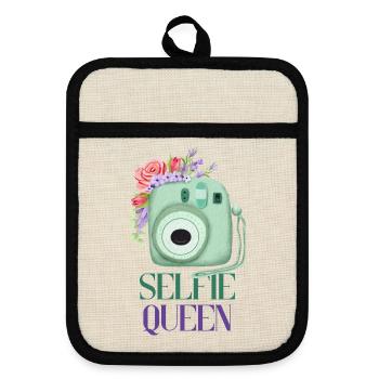 Selfie Queen – Kamera Blumen Fotografie Geschenk - Topflappen mit Gummirückseite - Leinen/Schwarz  - Vorne
