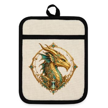 Zeitdrache – Steampunk-Wappen mit Sanduhr - Topflappen mit Gummirückseite - Leinen/Schwarz  - Vorne