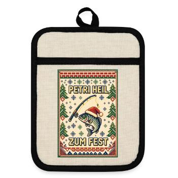 Petri Heil zum Fest – Pixel Ugly Sweater Angler - Topflappen mit Gummirückseite - Leinen/Schwarz  - Vorne
