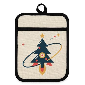 Tannenbaum auf Sternenreise – Weihnachtsrakete - Topflappen mit Gummirückseite - Leinen/Schwarz  - Vorne
