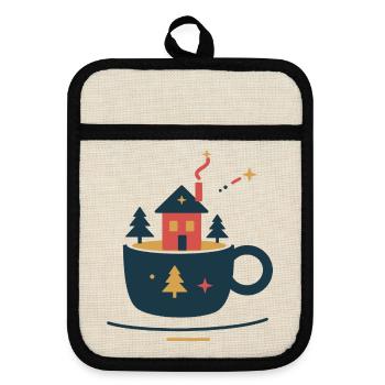 Waldhütte im Kakaobecher – gemütlicher Winter - Topflappen mit Gummirückseite - Leinen/Schwarz  - Vorne