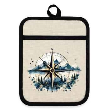 Kompass – Aquarellmotiv für Weltenbummler - Topflappen mit Gummirückseite - Leinen/Schwarz  - Vorne