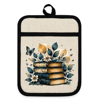 Bücherstapel in Blau und Gold – Aquarell Bücher - Topflappen mit Gummirückseite - Leinen/Schwarz  - Vorne