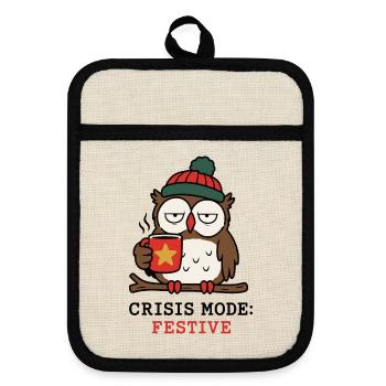 Krisenmodus Festlich – Eulen- und Weihnachtshumor - Topflappen mit Gummirückseite - Leinen/Schwarz  - Vorne