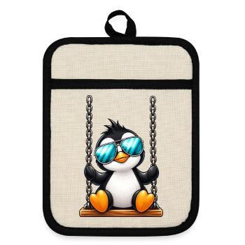 Süßer Pinguin mit Sonnenbrille auf Schaukel - Topflappen mit Gummirückseite - Leinen/Schwarz  - Vorne