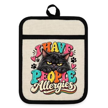I Have People Allergies Katze Popart - Topflappen mit Gummirückseite - Leinen/Schwarz  - Vorne