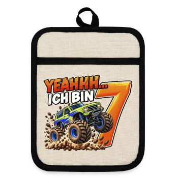 Monstertruck zum 7. Geburtstag – Yeahhh ich bin 7 - Topflappen mit Gummirückseite - Leinen/Schwarz  - Vorne