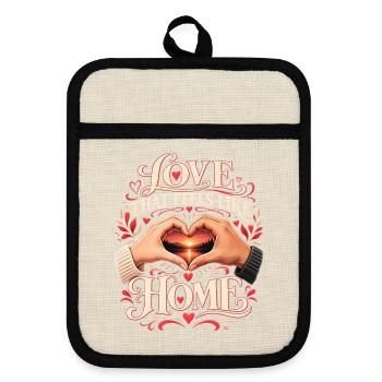 Liebe, die sich wie Zuhause anfühlt – Romantische Herzhände - Topflappen mit Gummirückseite - Leinen/Schwarz  - Vorne