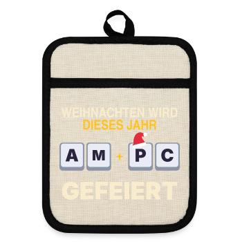 Weihnachten wird dieses Jahr am PC gefeiert - Topflappen mit Gummirückseite - Leinen/Schwarz  - Vorne