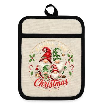 Familien-Weihnachtszwerge um den Baum - Topflappen mit Gummirückseite - Leinen/Schwarz  - Vorne
