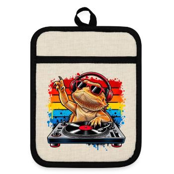 Bearded Dragon DJ Rainbow Vibes - Topflappen mit Gummirückseite - Leinen/Schwarz  - Vorne