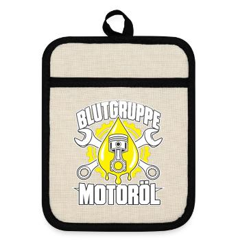 Blutgruppe Motoröl – Schrauber mit Kolben - Topflappen mit Gummirückseite - Leinen/Schwarz  - Vorne