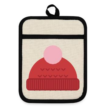 Wollmütze mit Bommel - Winter Motiv - Topflappen mit Gummirückseite - Leinen/Schwarz  - Vorne