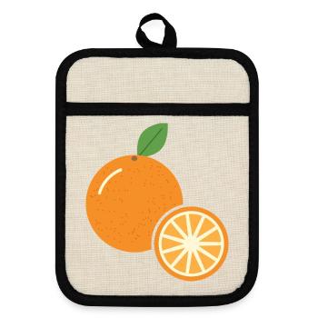 Orange mit Orangenscheibe - Frucht Motiv - Topflappen mit Gummirückseite - Leinen/Schwarz  - Vorne