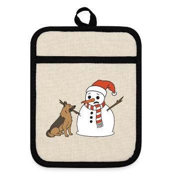 Schäferhund klaut Schneemann den Stockarm - Topflappen mit Gummirückseite - Leinen/Schwarz  - Vorne