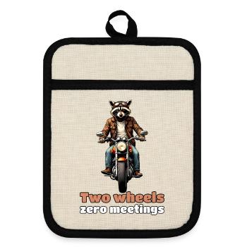 Two Wheels, Zero Meetings – Biker-Waschbär - Topflappen mit Gummirückseite - Leinen/Schwarz  - Vorne