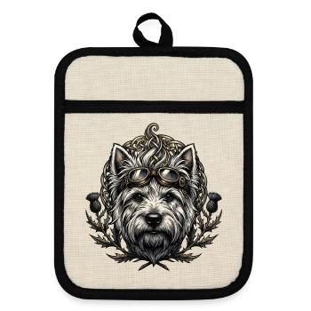 Steampunk-Hund mit Brille und keltischem Knoten - Topflappen mit Gummirückseite - Leinen/Schwarz  - Vorne