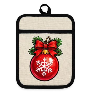 Rote Weihnachtkugel mit Schneeflocke - Topflappen mit Gummirückseite - Leinen/Schwarz  - Vorne