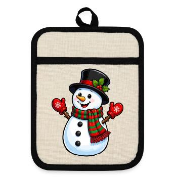 Winterlicher Schneemann mit Schal und Hut - Topflappen mit Gummirückseite - Leinen/Schwarz  - Vorne