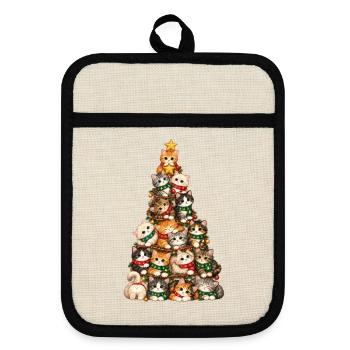Katzen-Weihnachtsbaum-T-Shirt – Süße Katzen - Topflappen mit Gummirückseite - Leinen/Schwarz  - Vorne