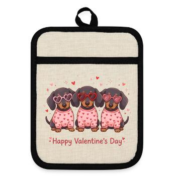 Süße Dackelwelpen – frohes Valentinstags-Tee - Topflappen mit Gummirückseite - Leinen/Schwarz  - Vorne