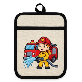 Feuerwehrmädchen mit Löschfahrzeug - Topflappen mit Gummirückseite - Leinen/Schwarz  - Vorne