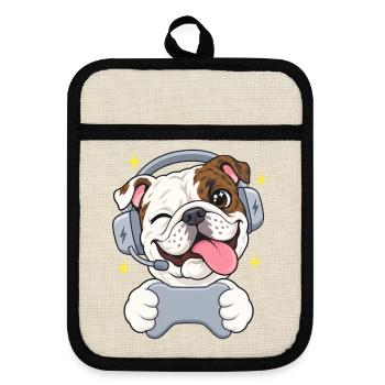 Gaming Englische Bulldogge Headset und Controller - Topflappen mit Gummirückseite - Leinen/Schwarz  - Vorne