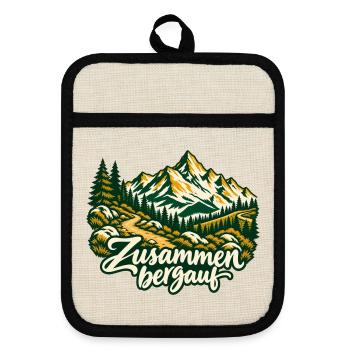 Zusammen bergauf Wanderpartner mit Bergpanorama - Topflappen mit Gummirückseite - Leinen/Schwarz  - Vorne