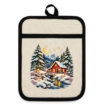 Gemütliche Weihnachtshütte verschneite Winterwelt - Topflappen mit Gummirückseite - Leinen/Schwarz  - Vorne
