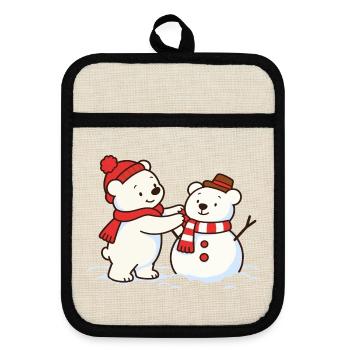Eisbär baut einen Bären-Schneemann  - Topflappen mit Gummirückseite - Leinen/Schwarz  - Vorne