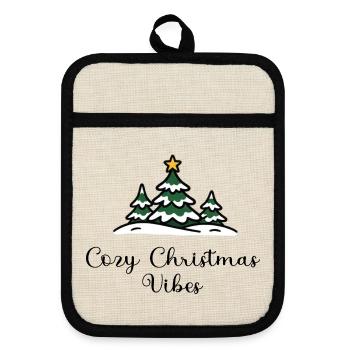 Cozy Christmas Vibes – Winterliche Weihnachtsbäume - Topflappen mit Gummirückseite - Leinen/Schwarz  - Vorne