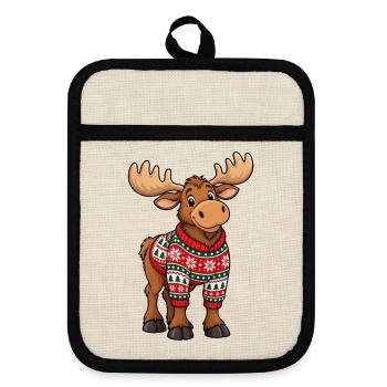 Weihnachtselch mit Pullover – Lustiger Comic Elch - Topflappen mit Gummirückseite - Leinen/Schwarz  - Vorne