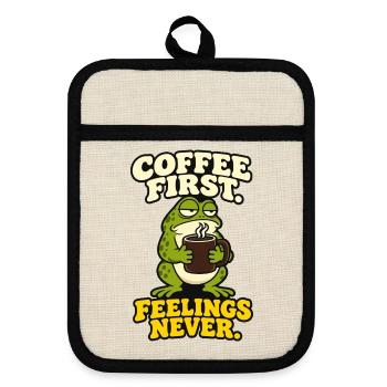 Kaffee zuerst Gefühle nie lustig Grummeliger Frosch - Topflappen mit Gummirückseite - Leinen/Schwarz  - Vorne