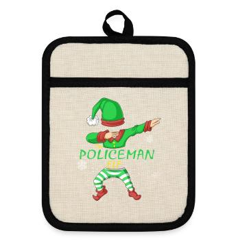 Polizist-Elfen-Familie passendes Weihnachtshemd - Topflappen mit Gummirückseite - Leinen/Schwarz  - Vorne