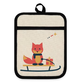 Fuchs auf dem Sternenschlitten – Wintermotiv - Topflappen mit Gummirückseite - Leinen/Schwarz  - Vorne