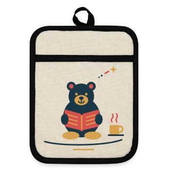 Bär liest Wintergeschichten – gemütlicher Advent - Topflappen mit Gummirückseite - Leinen/Schwarz  - Vorne