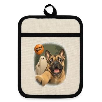  Halloween Hund Französische Bulldogge Boo Geist - Topflappen mit Gummirückseite - Leinen/Schwarz  - Vorne