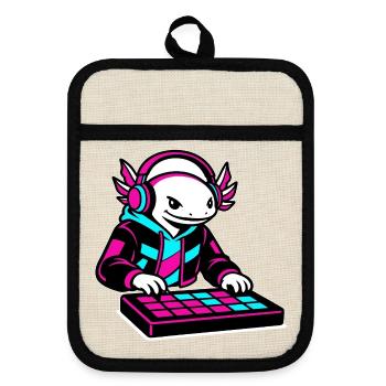 Neonrosa DJ Axolotl-Spielzeug - Topflappen mit Gummirückseite - Leinen/Schwarz  - Vorne