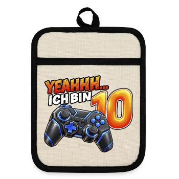 Gaming zum 10. Geburtstag – Yeahhh ich bin 10 - Topflappen mit Gummirückseite - Leinen/Schwarz  - Vorne