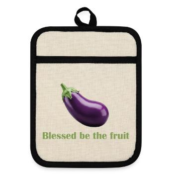 Gesegnet sei die Frucht – Spaß-Shirt! - Topflappen mit Gummirückseite - Leinen/Schwarz  - Vorne