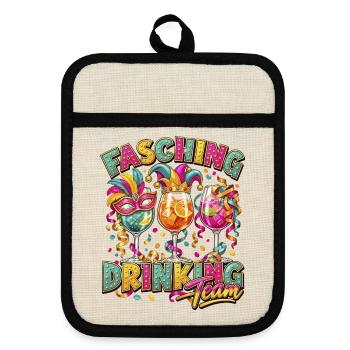 Fasching Drinking Team – Bunte Partygläser - Topflappen mit Gummirückseite - Leinen/Schwarz  - Vorne