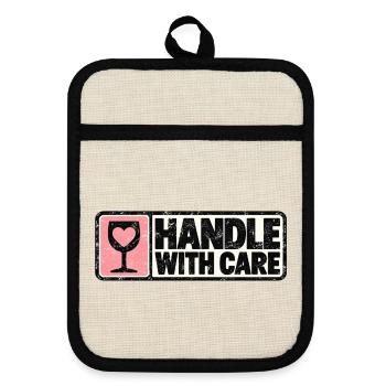 Handle With Care – Herz Retro Design - Topflappen mit Gummirückseite - Leinen/Schwarz  - Vorne
