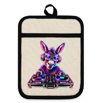 Neon DJ Donkey - Topflappen mit Gummirückseite - Leinen/Schwarz  - Vorne