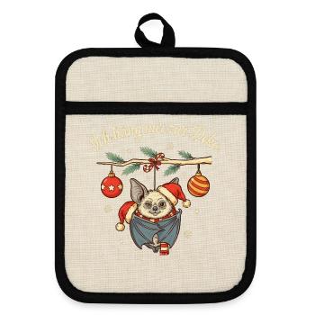 Weihnachten Fledermaus mit Nikolausmütze  - Topflappen mit Gummirückseite - Leinen/Schwarz  - Vorne
