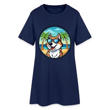 Sibirische Trikolore Hunderasse Cartoon Beach - Frauen T-Shirt-Kleid - Light Navy - Vorne