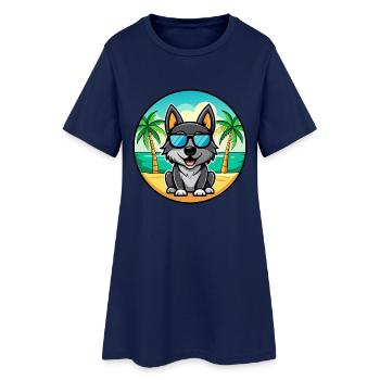 Black Norwegian Elkhound Dog Breed Cartoon Beach - Women’s T-Shirt Dress - light navy - Front