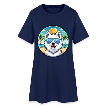 Japanischer Spitz Hund Rasse Cartoon Sonnenbrille Strand - Frauen T-Shirt-Kleid - Light Navy - Vorne