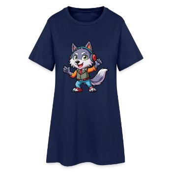 Wolf Funny Cartoon Character Headphone Music - Women’s T-Shirt Dress - light navy - Front
