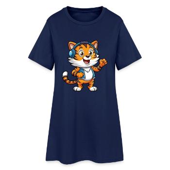 Tiger Funny Cartoon Character Headphone Music - Women’s T-Shirt Dress - light navy - Front